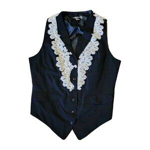 NORMA KAMALI Black White Embroidered Beaded Detail Sleeveless Vest Womens XL